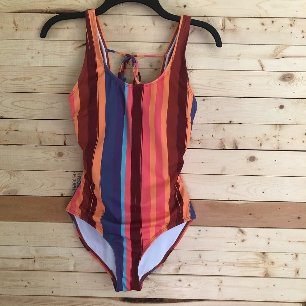 Swim Central Women’s orange blue Stripes one piece tie back Swimwear size XS